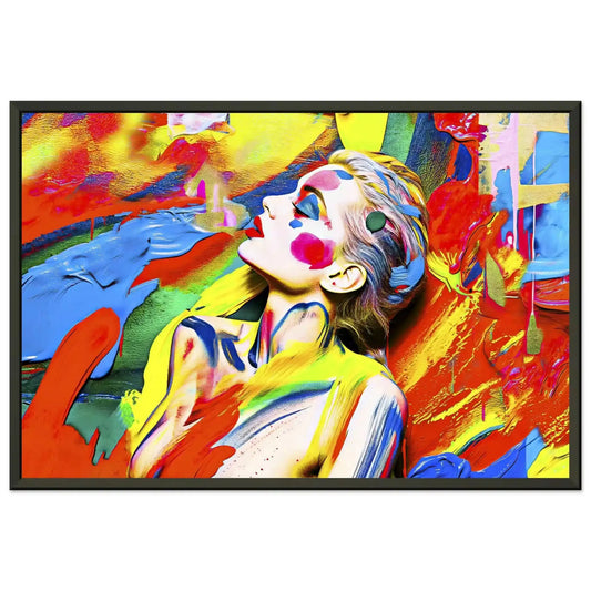 Black metal framed print of a woman against a background of bold, abstract painted brushstrokes. Chromatic Liquid Elegance-Graphique Addictions.