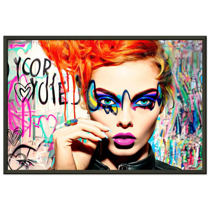 Woman with orange-red hair, blue eyes, and vibrant geometric eyeshadow against a colorful graffiti backdrop black metal framed artwork titled: Colorburst Diva-Graphique Addictions.