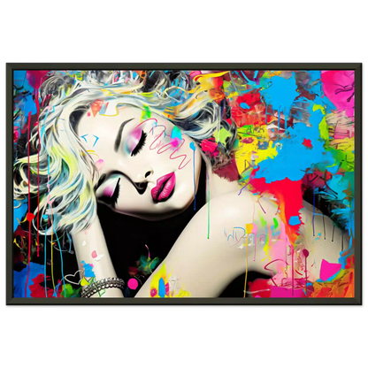 Blonde woman with colorful makeup, tattoos, and graffiti against a backdrop of colorful splashes. Black metal framed artwork titled: Colorful Captivation-Graphique Addictions. 