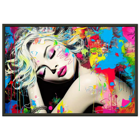 Blonde woman with colorful makeup, tattoos, and graffiti against a backdrop of colorful splashes. Black metal framed artwork titled: Colorful Captivation-Graphique Addictions. 