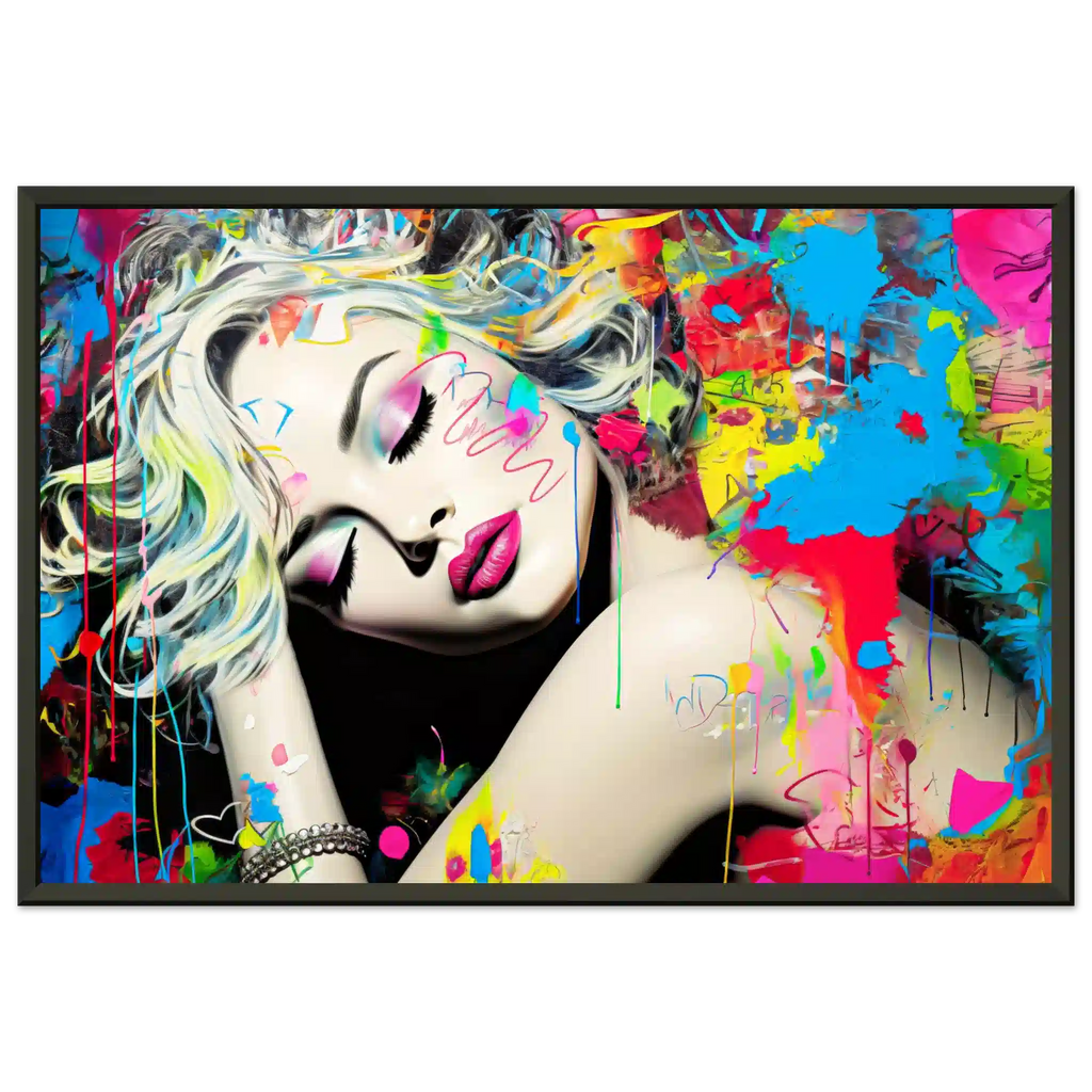 Blonde woman with colorful makeup, tattoos, and graffiti against a backdrop of colorful splashes. Black metal framed artwork titled: Colorful Captivation-Graphique Addictions. 