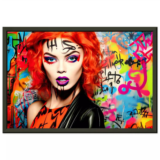 Black metal framed print featuring a red-headed woman with bold gothic makeup, wearing a black leather jacket and an orange top, set against a colorful graffiti background. Graffiti Vixen-Graphique Addictions.