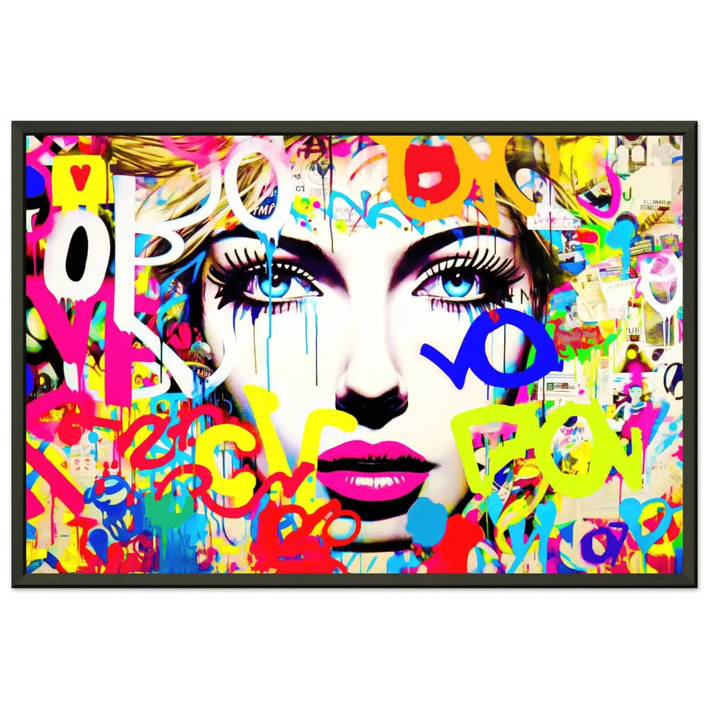 Black metal framed print close-up portrait of a woman against a white background, surrounded by vibrant graffiti and typography. Letters and Lipstick-Graphique Addictions.