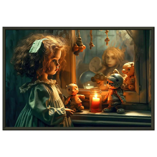 Black metal framed print of a young girl reflected in an antique mirror. Little girls mirror of shadows-Graphique Addictions.