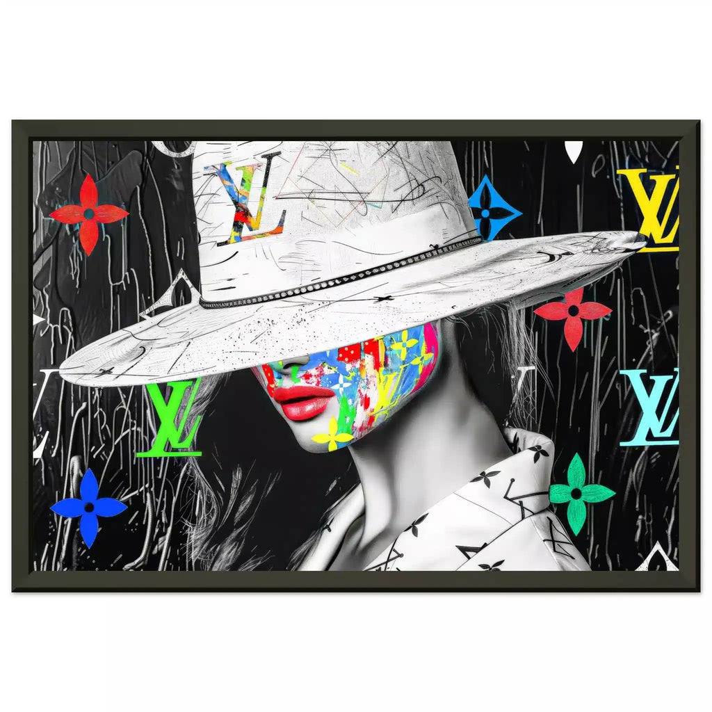 black metal frame of woman with colorful graffiti on her face, wearing a wide-brimmed white hat and Louis Vuitton logos in background. Luxury meets graffiti, graphique addictions.