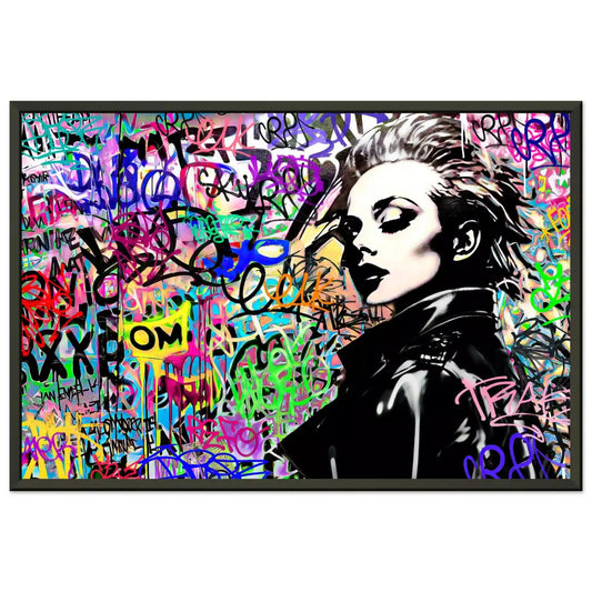 Black metal framed print of Madonna wearing a black leather jacket against a backdrop of colorful graffiti and lettering. Chromatic Chaos-Graphique Addictions.