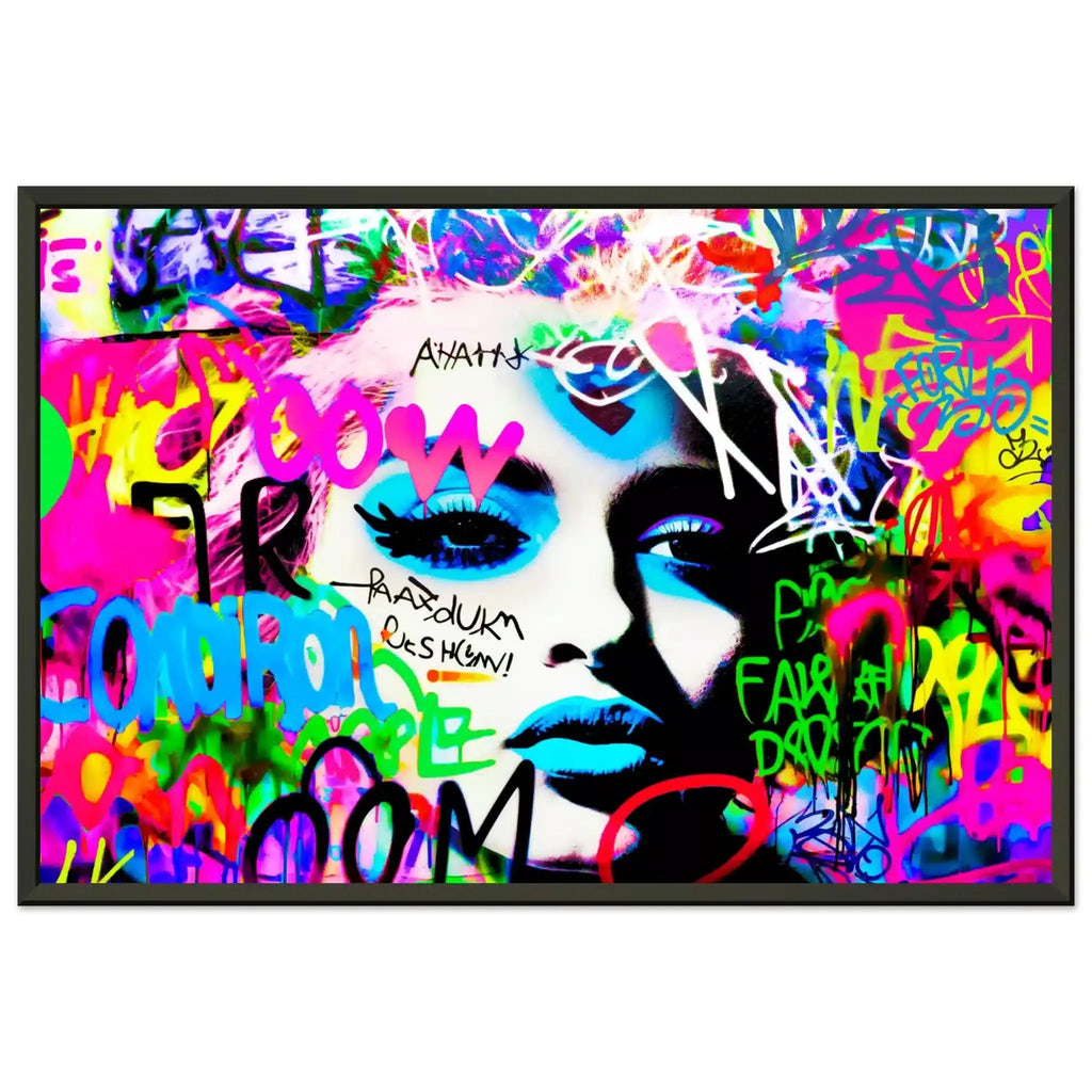 Black metal framed print of Madonna's face covered in colorful graffiti. Madonna's Graffiti Groove-Graphique Addictions.
