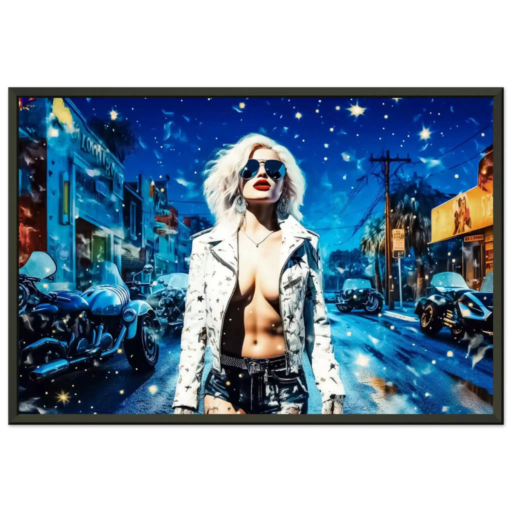 Black metal framed print of Madonna standing on a snow-covered road, illuminated by the moon's soft glow. Madonna's Midnight Seduction-Graphique Addictions.