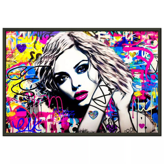 Black Metal framed print of a close-up of Madonna's face surrounded by colorful graffiti. Madonna's Street Art Sensation-Graphique Addictions.