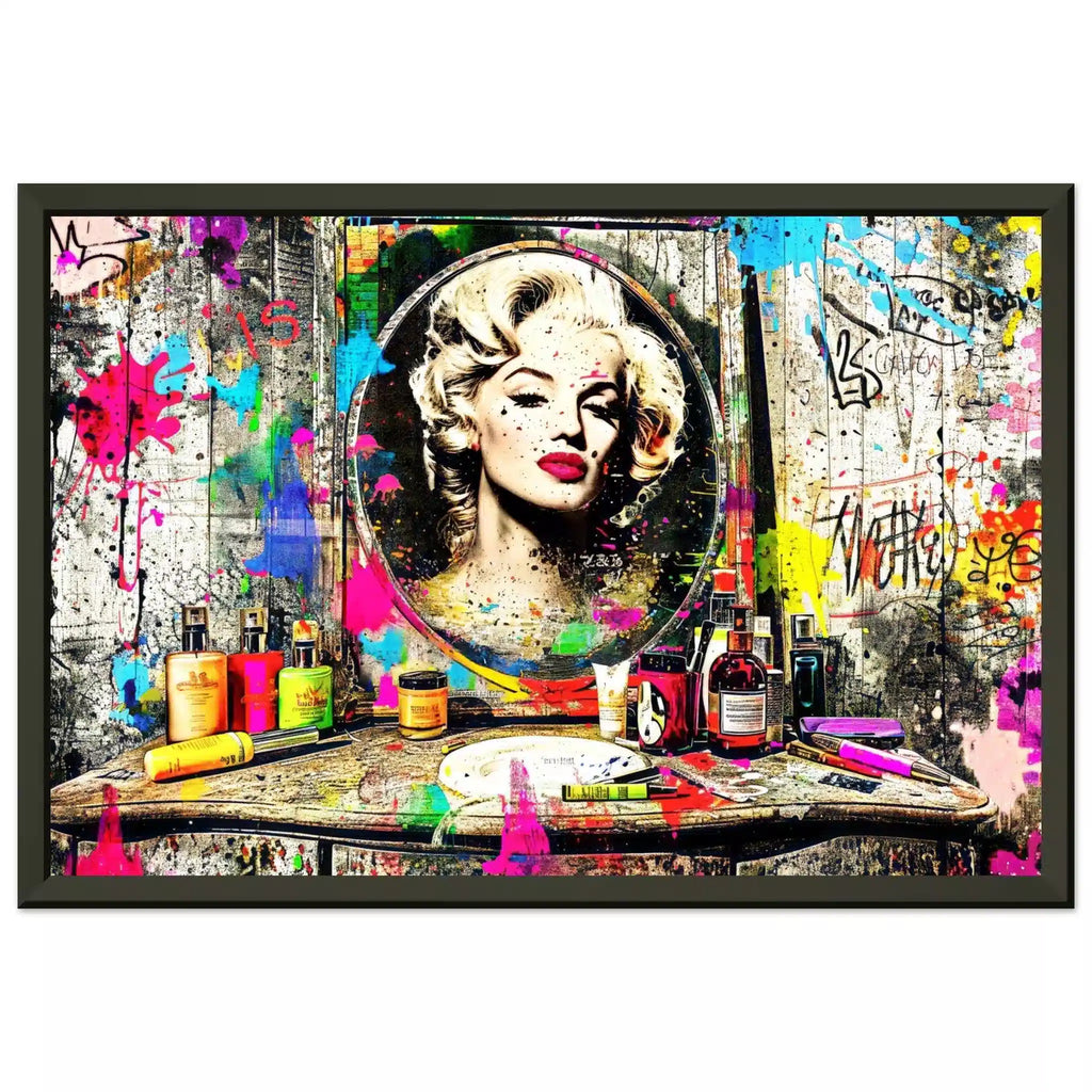 Black metal framed print of Marilyn Monroe's reflection in a mirror, against an old wooden vanity table covered with makeup, perfume bottles, and colorful graffiti and paint. Marilyn's Painted Mirror-Graphique Addictions.