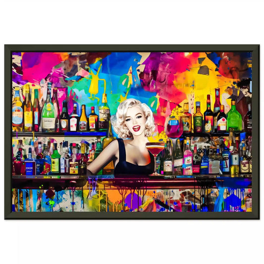 Black Metal Framed print of Marilyn Monroe as a bartender, in a colorful bar surrounded by vibrant abstract patterns and shelves stocked with colorful liquor bottles. Monroe Mixology-Graphique Addictions.