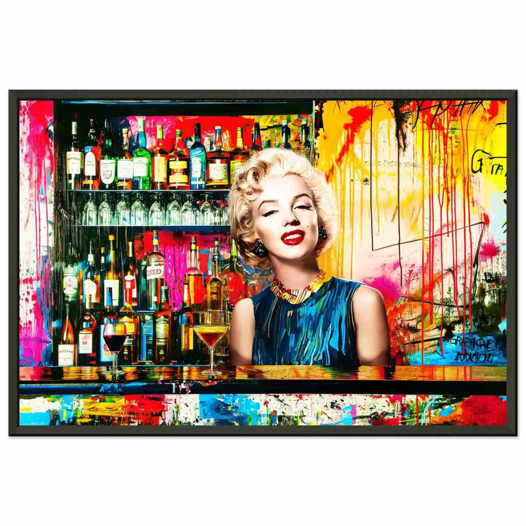 Black metal frame of Marilyn Monroe standing behind a bar with alcohol bottles on the shelves, vibrant abstract colors, graffiti, and paint. Monroe's Cocktail Hour-Graphique Addictions.