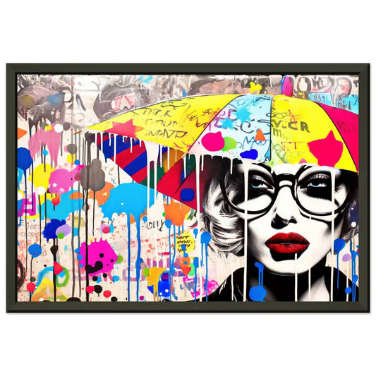Black metal framed print of a woman holding an umbrella, wearing black glasses and surrounded by colorful paint splatters and graffiti symbols. Painted Rain Pop-Graphique Addictions.