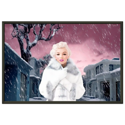marilyn monroe wearing a white fur coat and gloves, standing under a snowy sky with a pink hue, surrounded by gray houses-black-12x18-inches-metal-framed-print-pink-snowstorm-24, Graphique Addictions