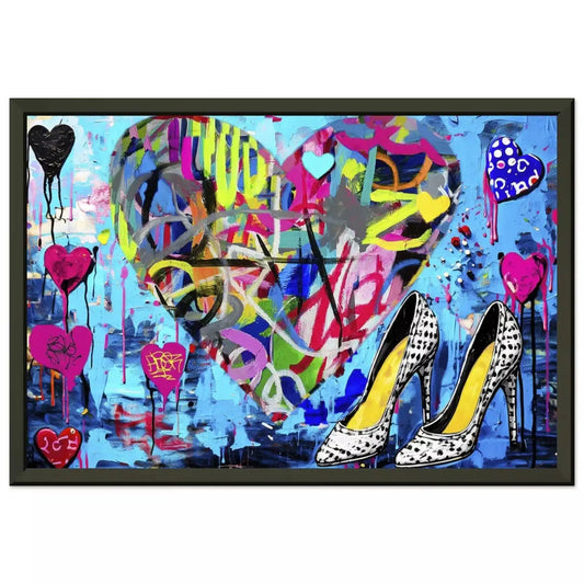 Black metal framed print of a large heart with colorful neon scribble graffiti and leopard print stilettos. Pop Splash Couture-Graphique Addictions.