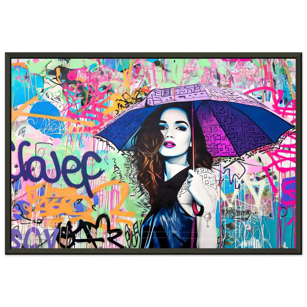 Brunette woman with long hair, holding a purple-blue colored umbrella with black graffiti accents. Black Metal Framed Print-Rainbow Graffiti Tempest-Graphique Addictions