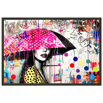black metal frame print of woman holding a pink umbrella with white polka dots and colorful paint splashes. Street Art Storm-Graphique Addictions.