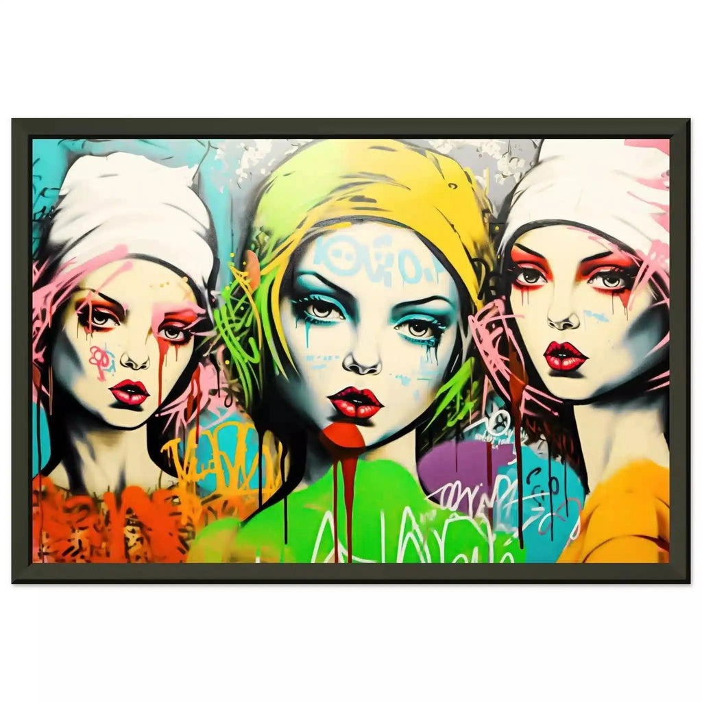 Three women in red, green, orange with bold makeup and headscarves, set against vibrant green graffiti with purple and white scribbles. Black Metal Framed Print-Urban Decay Divas -Graphique Addictions