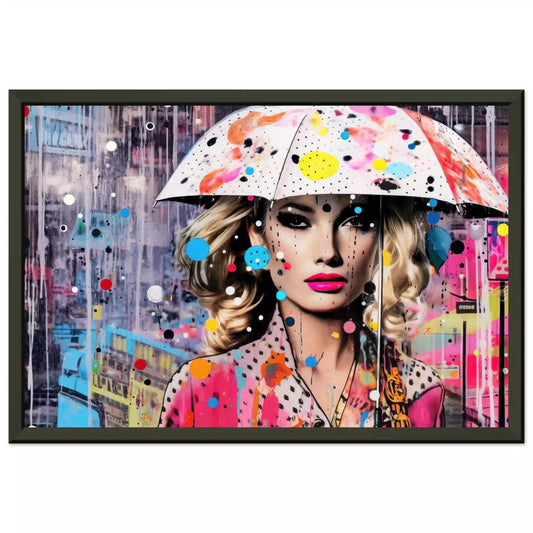 Blonde woman in a polka-dot dress with a colorful umbrella, set against a rain-soaked cityscape with pink and blue street art. Black Metal Framed Print-Vibrant Drizzle Elegance-Graphique Addictions