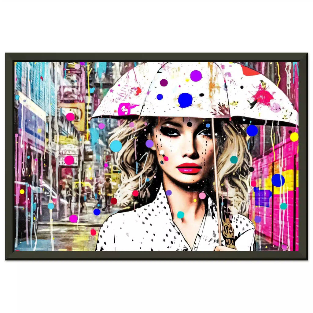 Black metal frame of woman holding a white umbrella with colorful dotted paint splatters. Vivid Vogue Rainfall, Graphique Addictions.