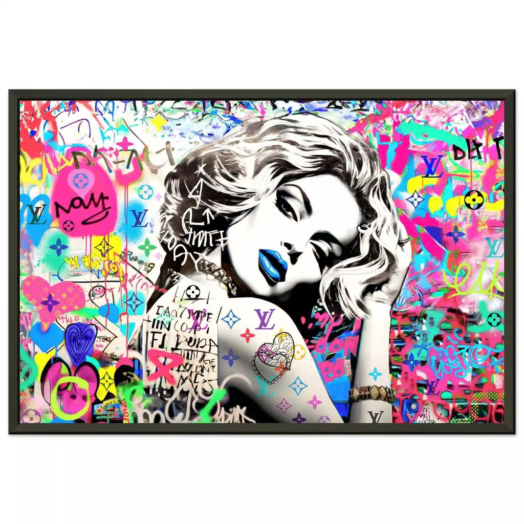 Black metal framed print of Madonna wearing blue lipstick surrounded by colorful graffiti and LV monogram tattoo on her arm. Vuitton Tattoo Vixen-Graphique Addictions