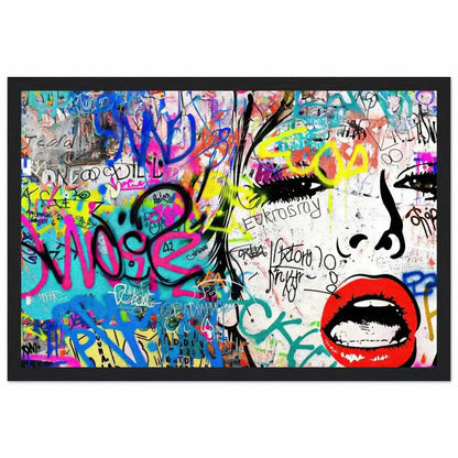Chic Femme Graffiti Gaze: Pop art portrait of a woman against colorful graffiti, bold brush strokes, and ink splashes in a black wooden frame-Graphique Addictions.