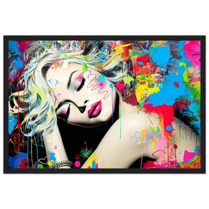 Blonde woman with colorful makeup, tattoos, and graffiti against a backdrop of colorful splashes. Black wooden framed artwork titled: Colorful Captivation-Graphique Addictions. 