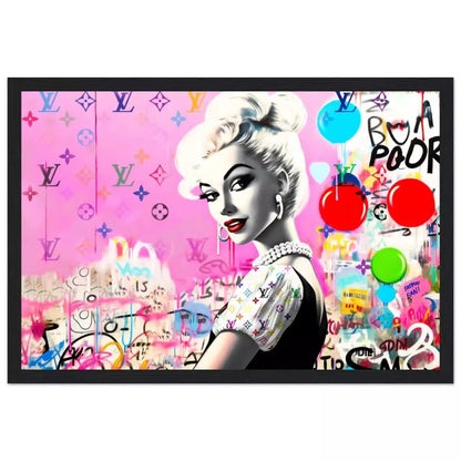 Black wooden framed print of a barbie inspired doll wearing a black dress with white ruffles against a bubblegum pink backdrop of colorful LV monograms and graffiti and balloons. Luxe Pink Vuitton-Graphique Addictions.