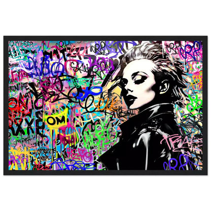 Black wooden framed print of Madonna wearing a black leather jacket against a backdrop of colorful graffiti and lettering. Chromatic Chaos-Graphique Addictions.