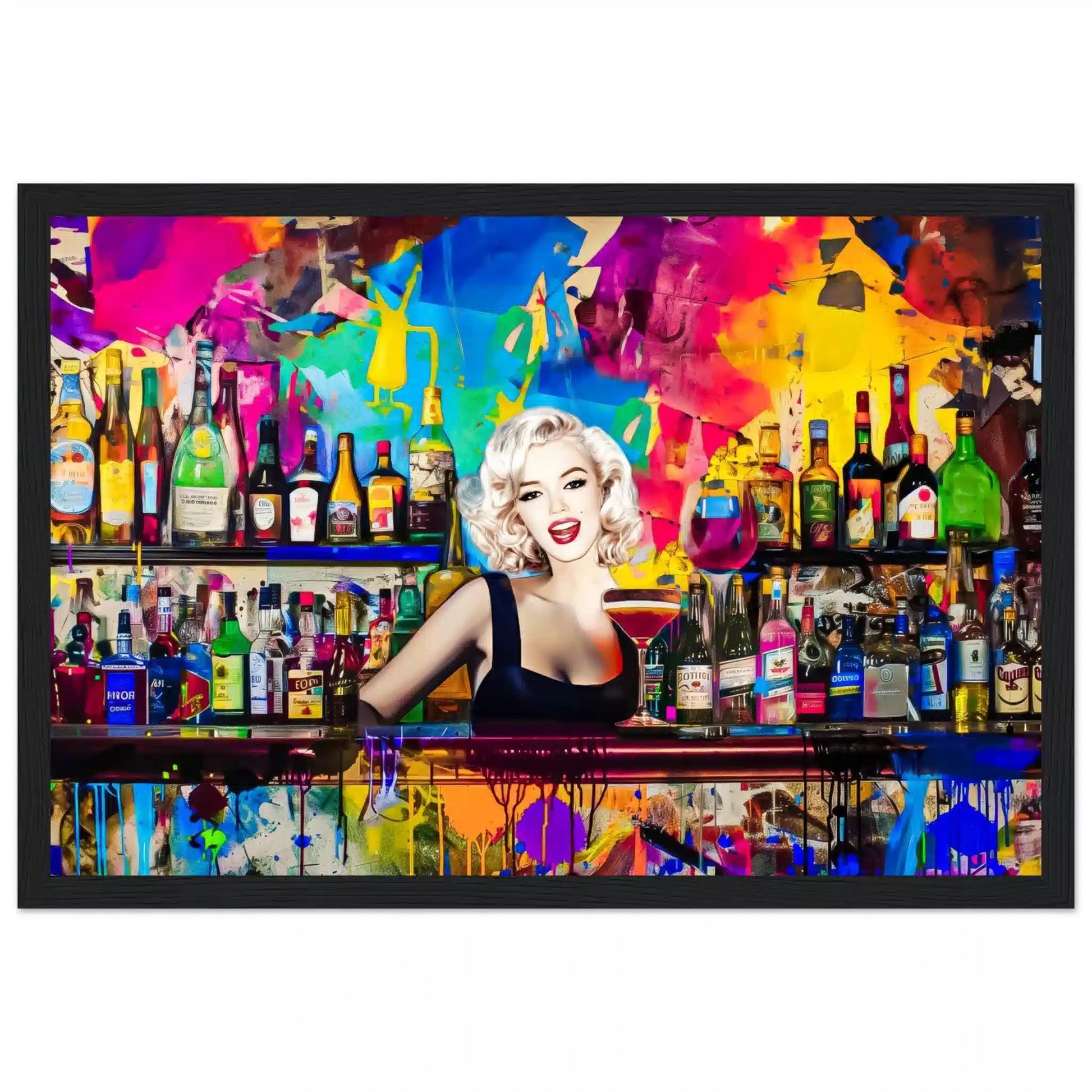 Black wooden framed print of Marilyn Monroe as a bartender, in a colorful bar surrounded by vibrant abstract patterns and shelves stocked with colorful liquor bottles. Monroe Mixology-Graphique Addictions.