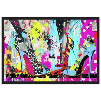 Black wooden framed print of high heels against a backdrop of colorful newspaper texture collage and paint splashes. Neon Stiletto 80's Remix-Graphique Addictions.