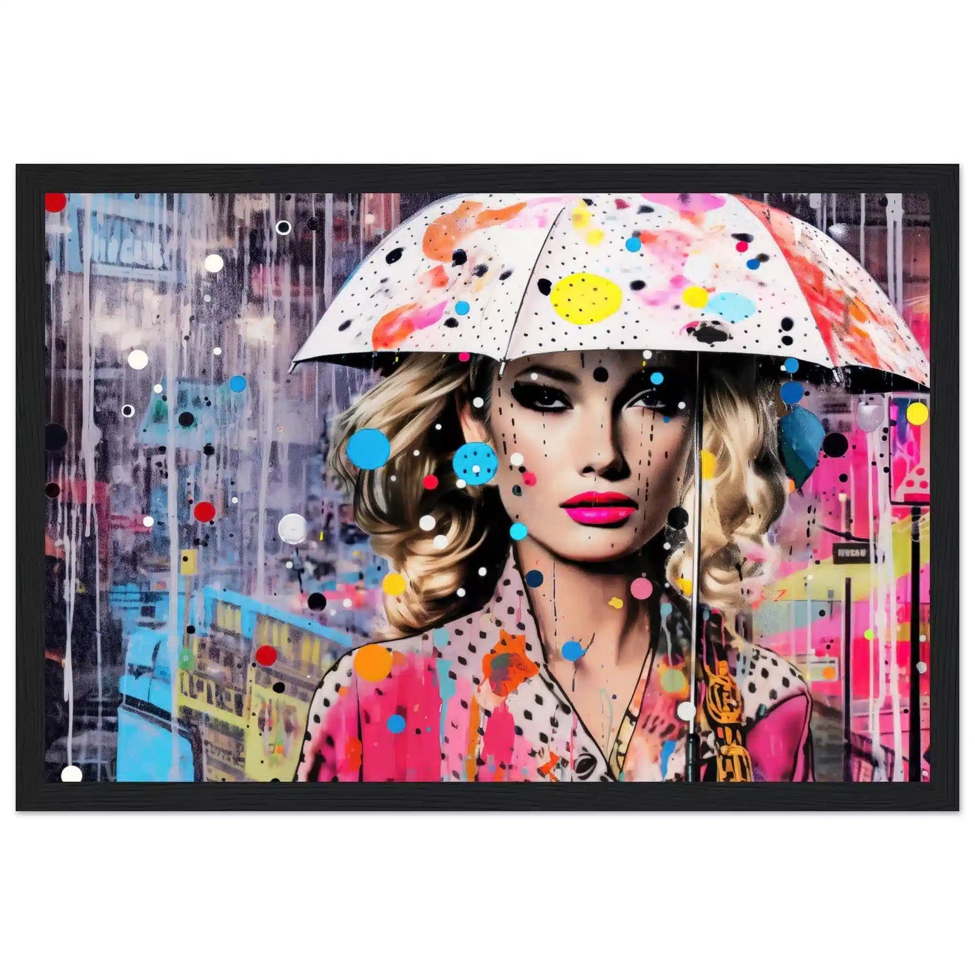 Blonde woman in a polka-dot dress with a colorful umbrella, set against a rain-soaked cityscape with pink and blue street art. Black Wooden Framed Print-Vibrant Drizzle Elegance-Graphique Addictions