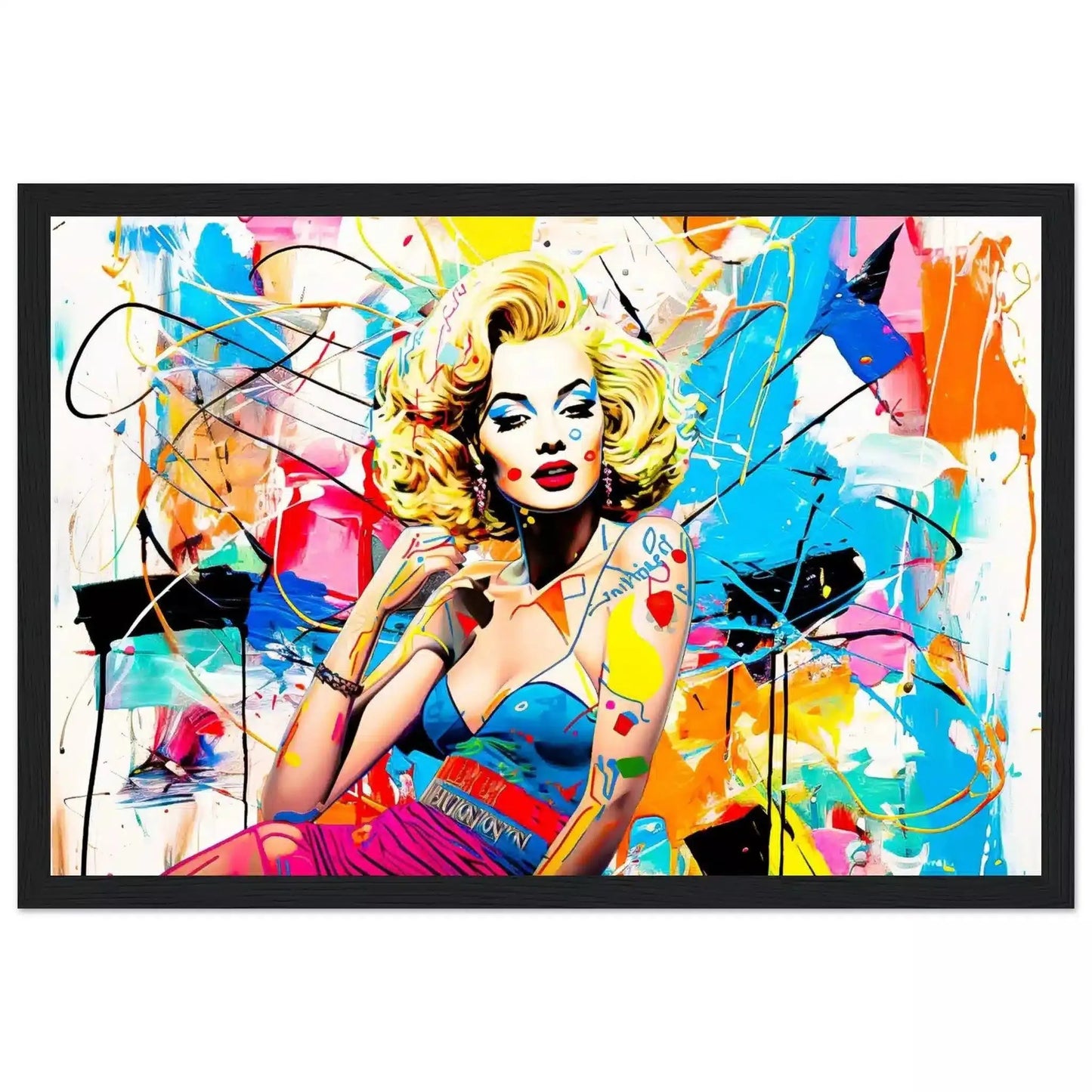 Marilyn Monroe against a backdrop of colorful abstract graffiti and paint splashes. Black wooden framed print. Vogue Vandal-Graphique Addictions