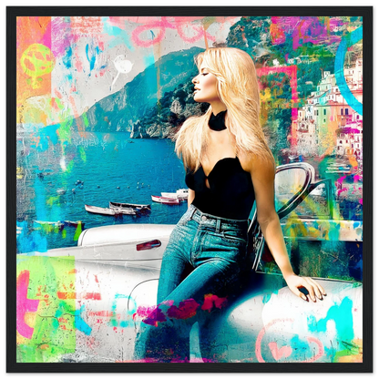 collage art painting of brigitte bardot in italy at the coast of amalfi leaning against a white corvette-black-wooden-framed-print-amalfi-coast-pop-framed-print-8, Graphique Addictions