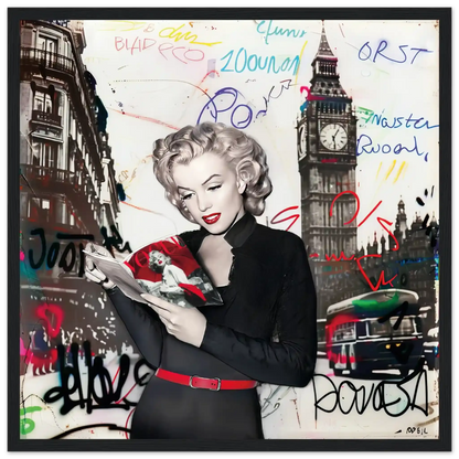 Black and white art of Marilyn Monroe in London with vibrant red lips, Big Ben behind her, and colorful graffiti.-black-16x16-inches-wooden-framed-print-marilyn-in-london-8, Graphique Addictions