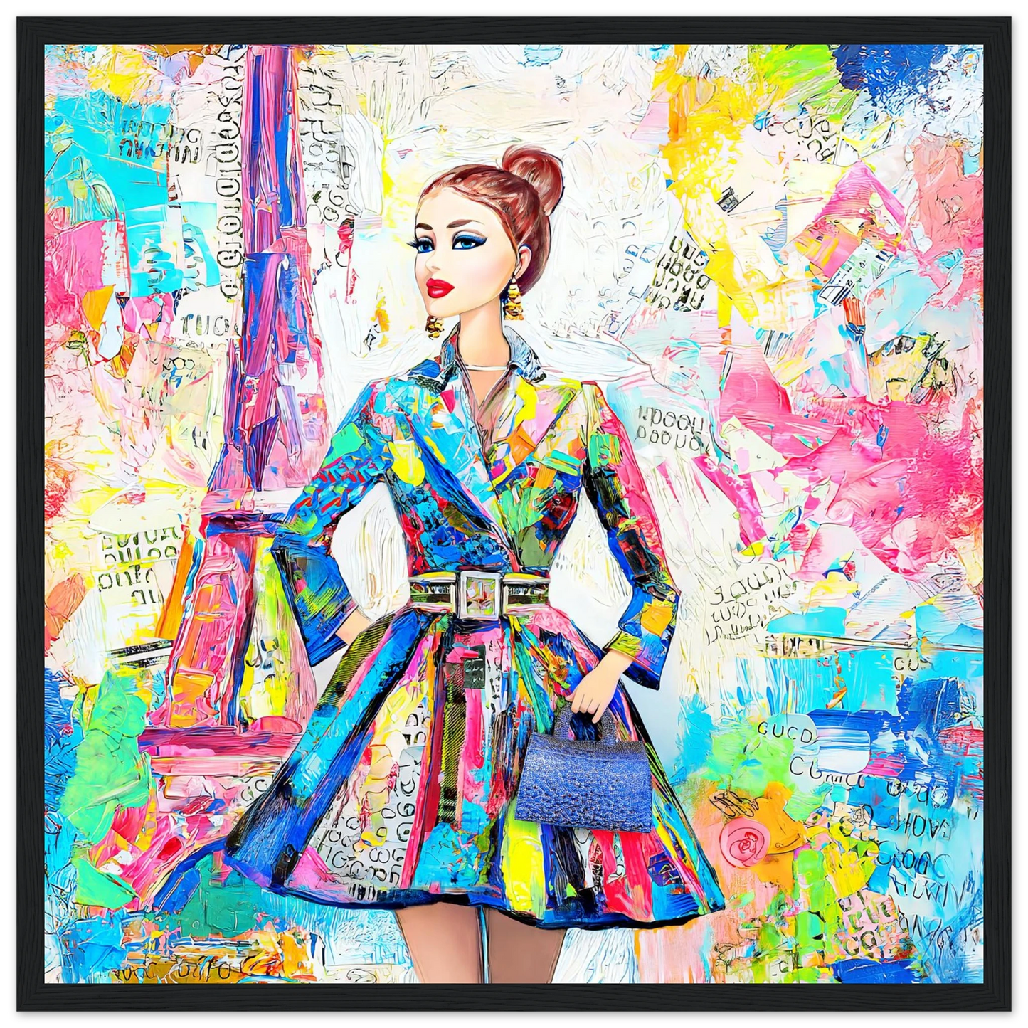 colorful art of a doll figure wearing a trench coat against a Parisian backdrop carrying a blue handbag-black-16x16-inches-wooden-framed-print-monet-paris-dior, Graphique Addictions