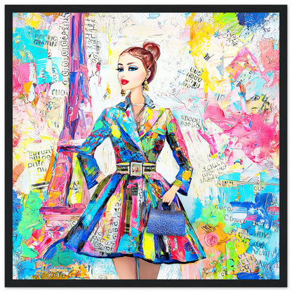 colorful art of a doll figure wearing a trench coat against a Parisian backdrop carrying a blue handbag-black-16x16-inches-wooden-framed-print-monet-paris-dior, Graphique Addictions