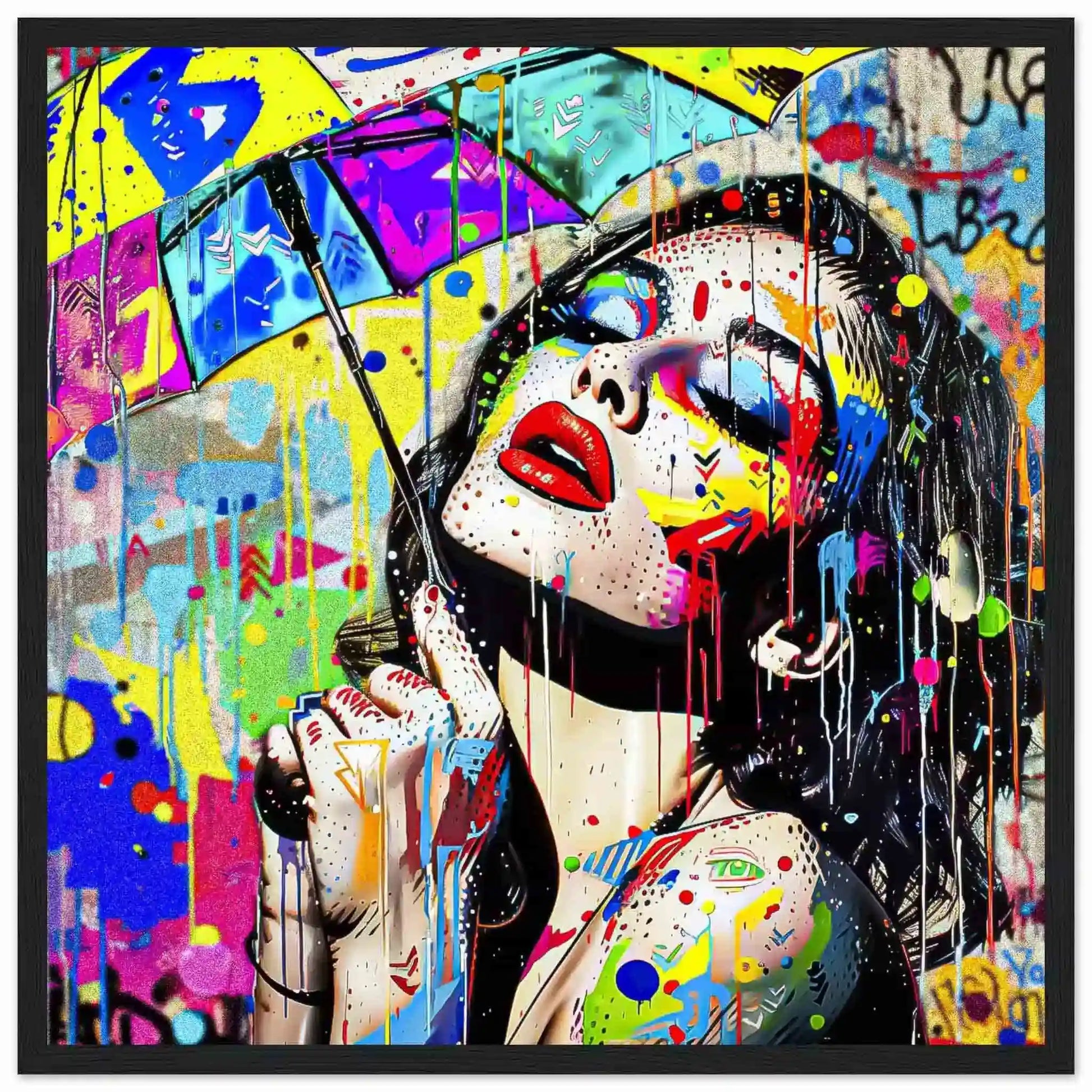 beautiful woman holding an umbrella against a vibrant storm of colorful paint splashes. Black wooden Framed Print-Painted Rainstorm Glam-Graphique Addictions
