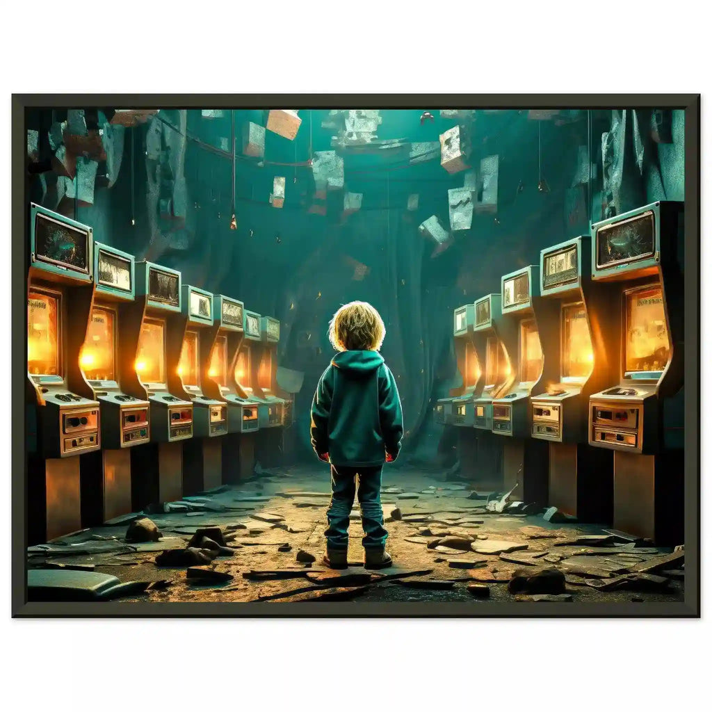 Black metal framed print of little boy standing in an abandoned arcade with broken machines and scattered debris. Forgotten Arcade Room-Graphique Addictions.