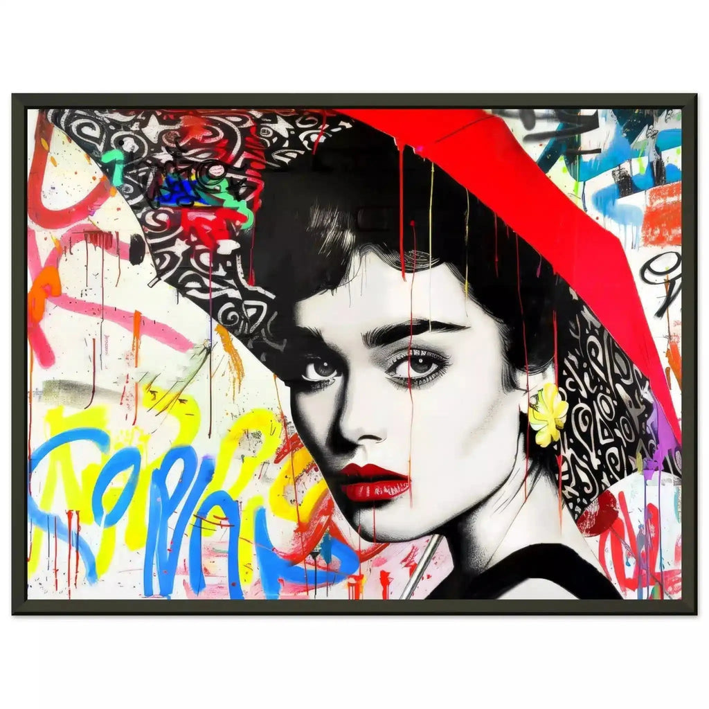 Black metal framed print of Audrey Hepburn holding a red umbrella, white backdrop of yellow, blue, and red street-art. Graffiti Rainstorm-Graphique Addictions. 