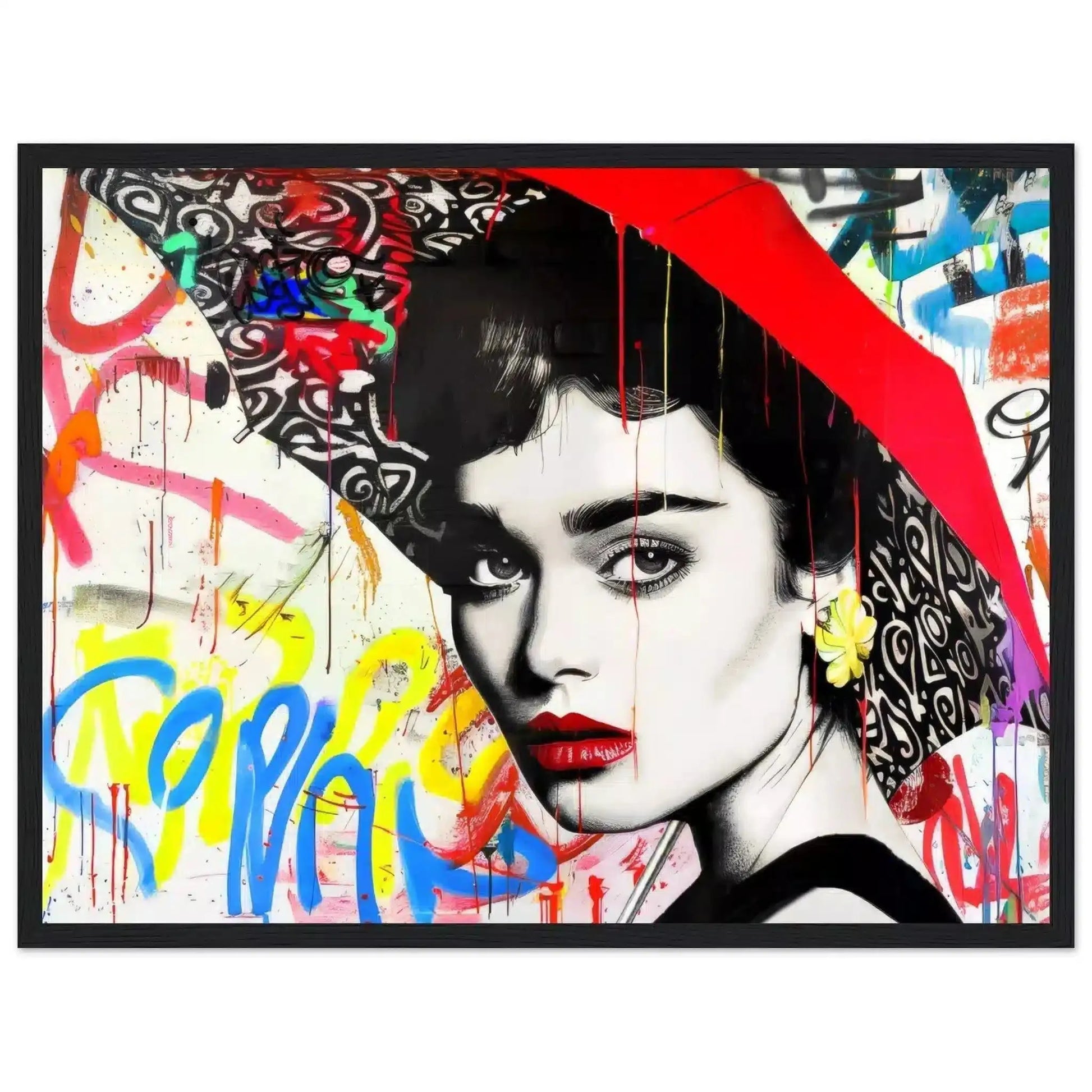 Black wooden frame of Audrey Hepburn holding a red umbrella, white backdrop of yellow, blue, and red street-art. Graffiti Rainstorm-Graphique Addictions. 