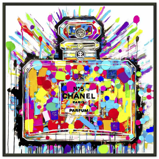 Chroma Scent Splatter: black metal print of Chanel No. 5 perfume, vibrant polka dots inside and paint splatters-Graphique Addictions.