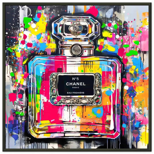 Chanel No5 perfume bottle with colorful graffiti splashes on a gray gradient background. Black Metal Framed Print-Urban Eau de Chanel-Graphique Addictions