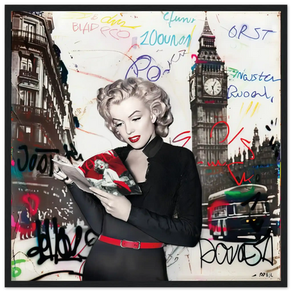 Black and white art of Marilyn Monroe in London with vibrant red lips, Big Ben behind her, and colorful graffiti.-black-20x20-inches-wooden-framed-print-marilyn-in-london-11, Graphique Addictions