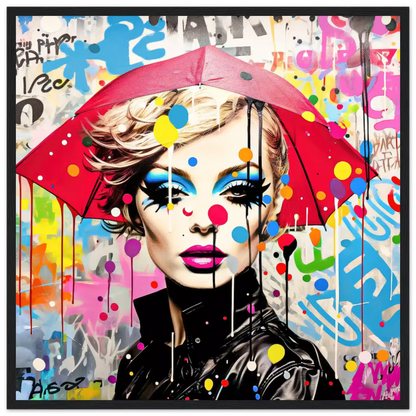 Portrait of a model with bold makeup and polka dots, holding an oversized umbrella, set against colorful street graffiti with lines and paint-drip effects. Black Wooden Framed Print-Rain Radiance-Graphique Addictions
