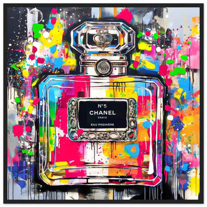 Chanel No5 perfume bottle with colorful graffiti splashes on a gray gradient background. Black Wooden framed print - Urban Eau de Chanel-Graphique Addictions