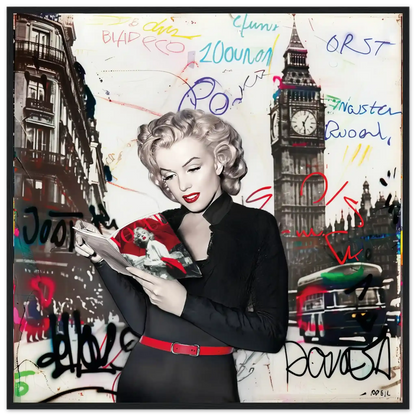 Black and white art of Marilyn Monroe in London with vibrant red lips, Big Ben behind her, and colorful graffiti.-black-28x28-inches-wooden-framed-print-marilyn-in-london-13, Graphique Addictions
