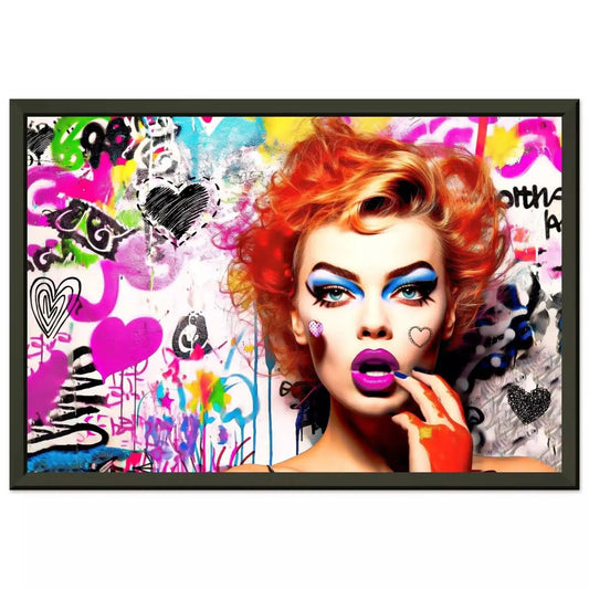 Chic Chaos: Red-haired woman against a backdrop of colorful graffiti art, hearts, and butterflies in a black metal frame-Graphique Addictions.