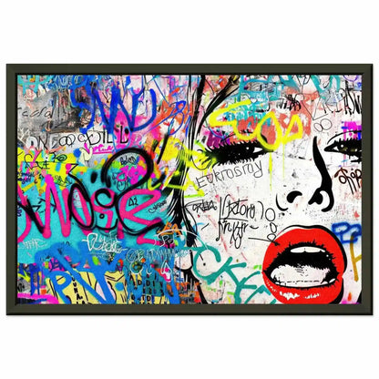 Chic Femme Graffiti Gaze: Pop art portrait of a woman against colorful graffiti, bold brush strokes, and ink splashes in a black metal frame-Graphique Addictions.