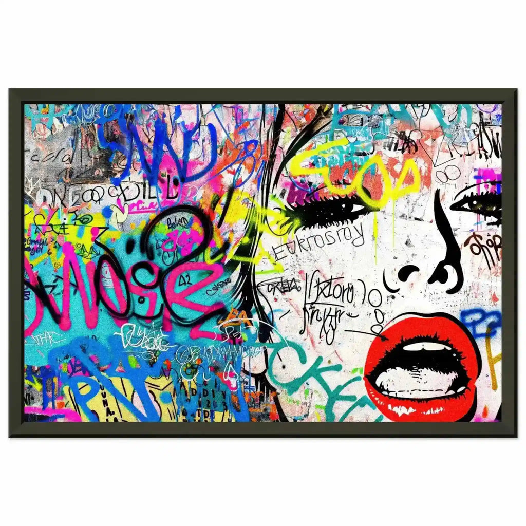 Chic Femme Graffiti Gaze: Pop art portrait of a woman against colorful graffiti, bold brush strokes, and ink splashes in a black metal frame-Graphique Addictions.